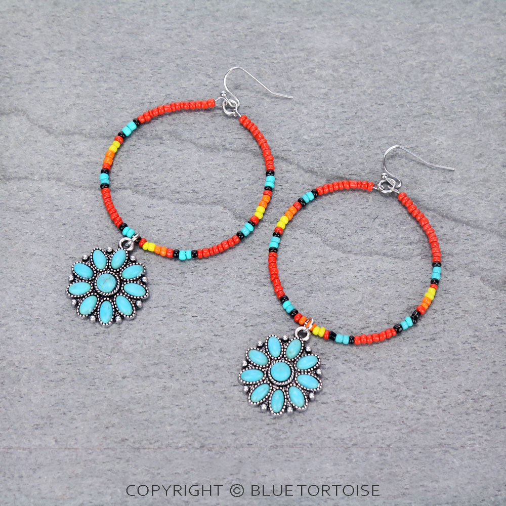 Western Seed Bead Concho Stone Dangle Earrings
