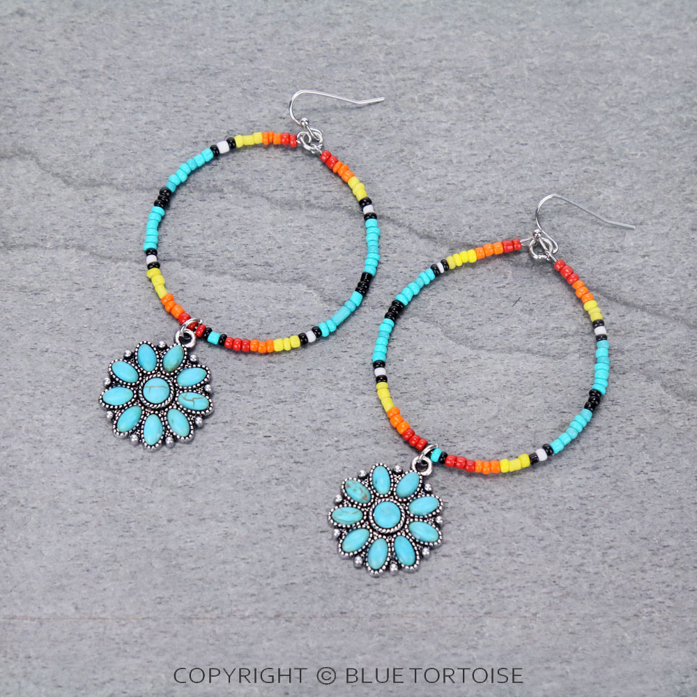 Western Seed Bead Concho Stone Dangle Earrings