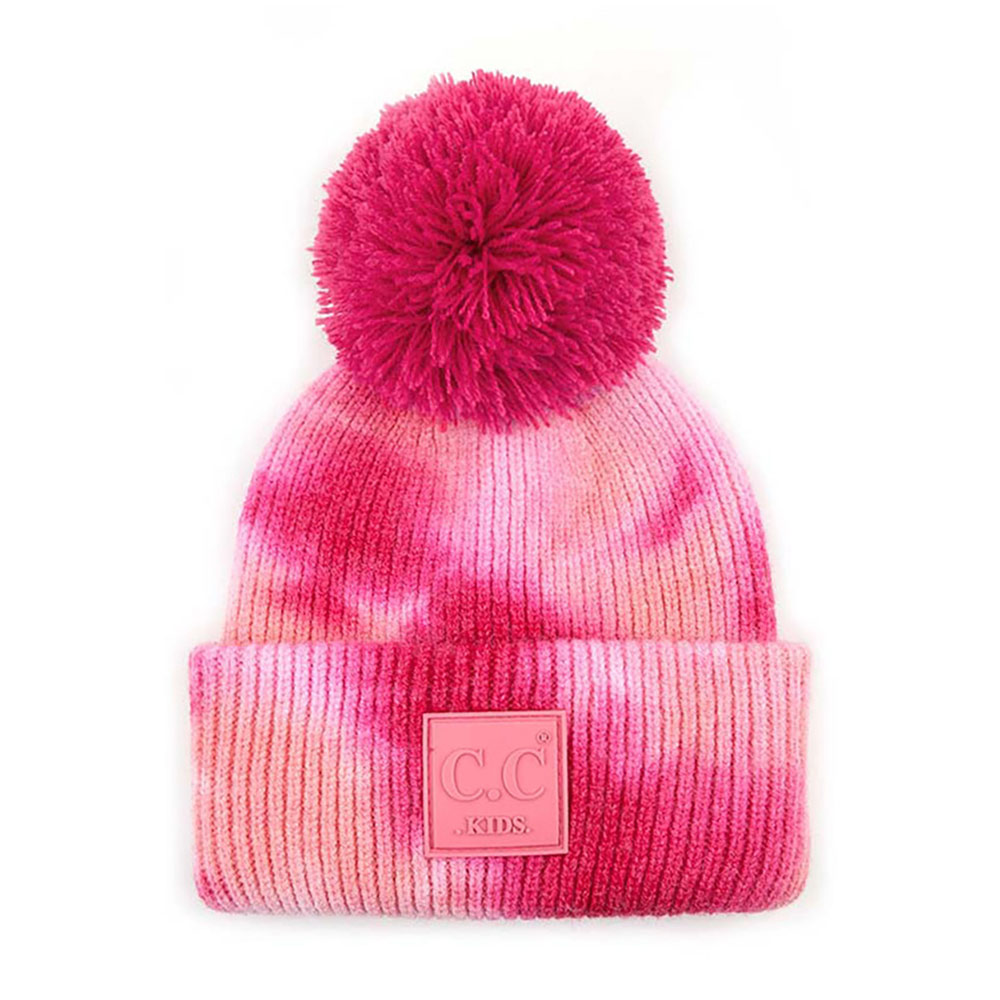 C.C Tie Dye Kids Beanie with Rubber Patch and Yarn Pom