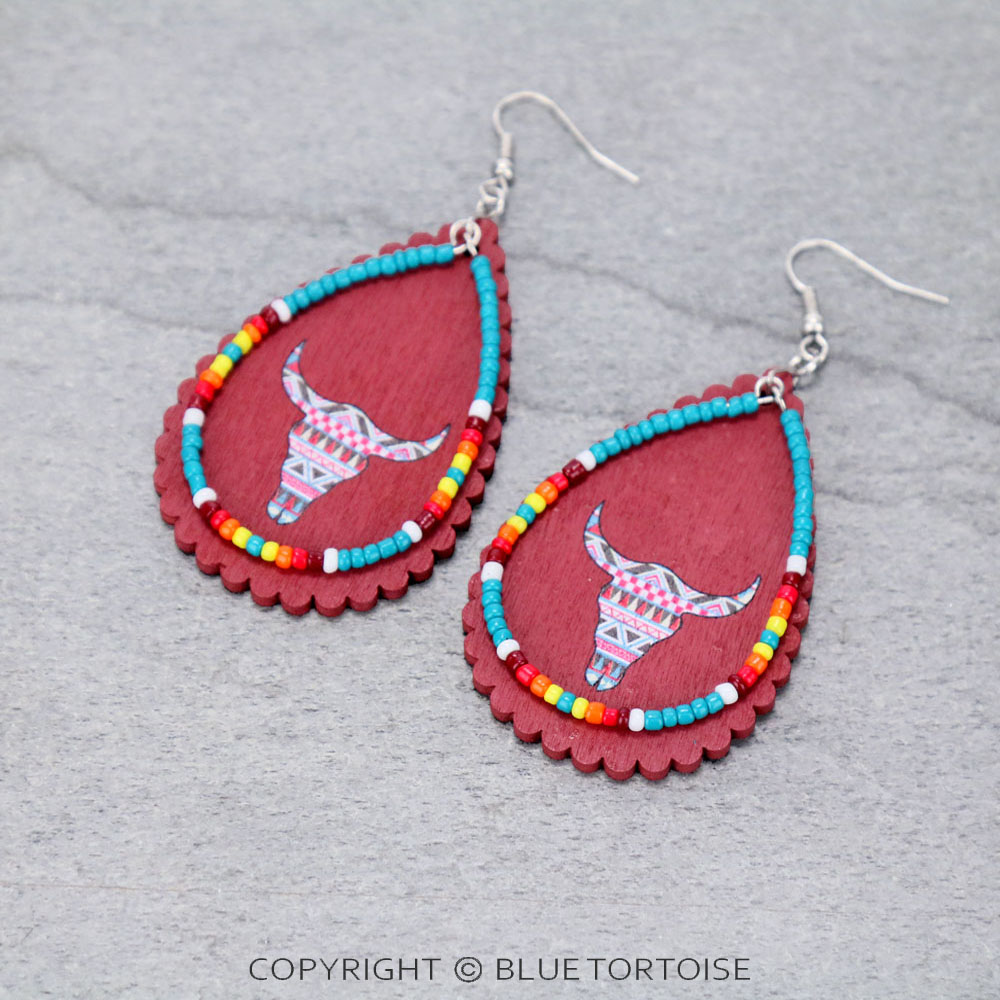 Western Wood & Seed Bead Long Horn Teardrop Dangle Earrings