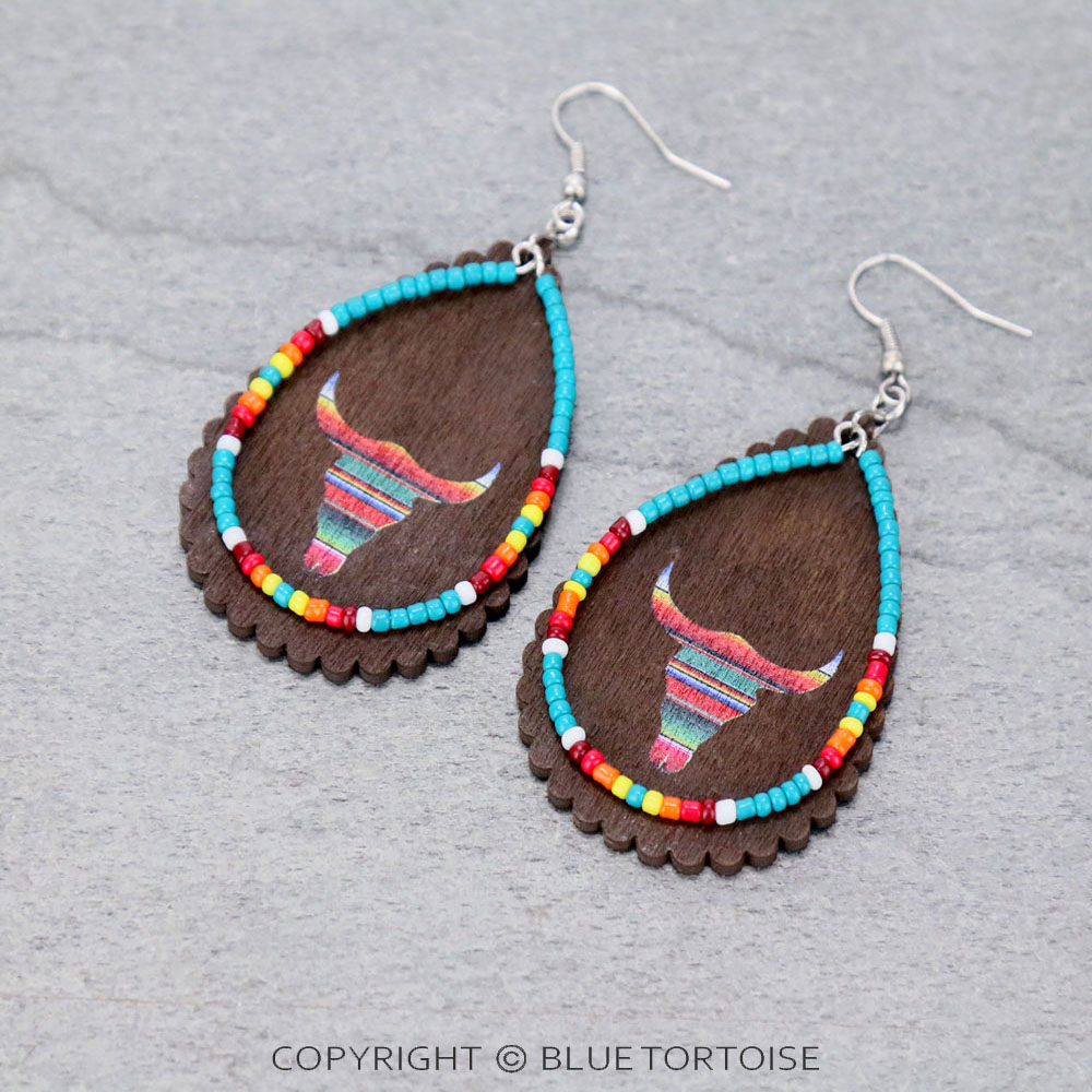 Western Wood & Seed Bead Long Horn Teardrop Dangle Earrings
