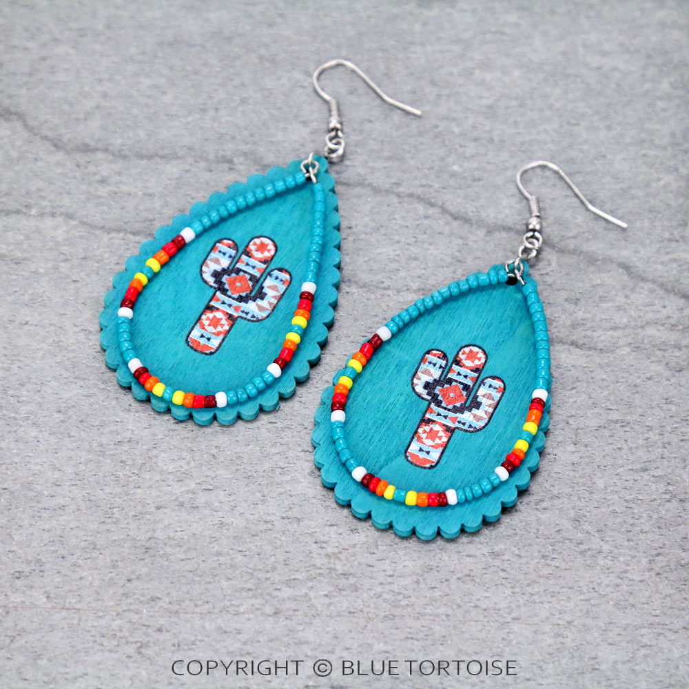 Western Wood & Seed Bead Cactus Teardrop Dangle Earrings