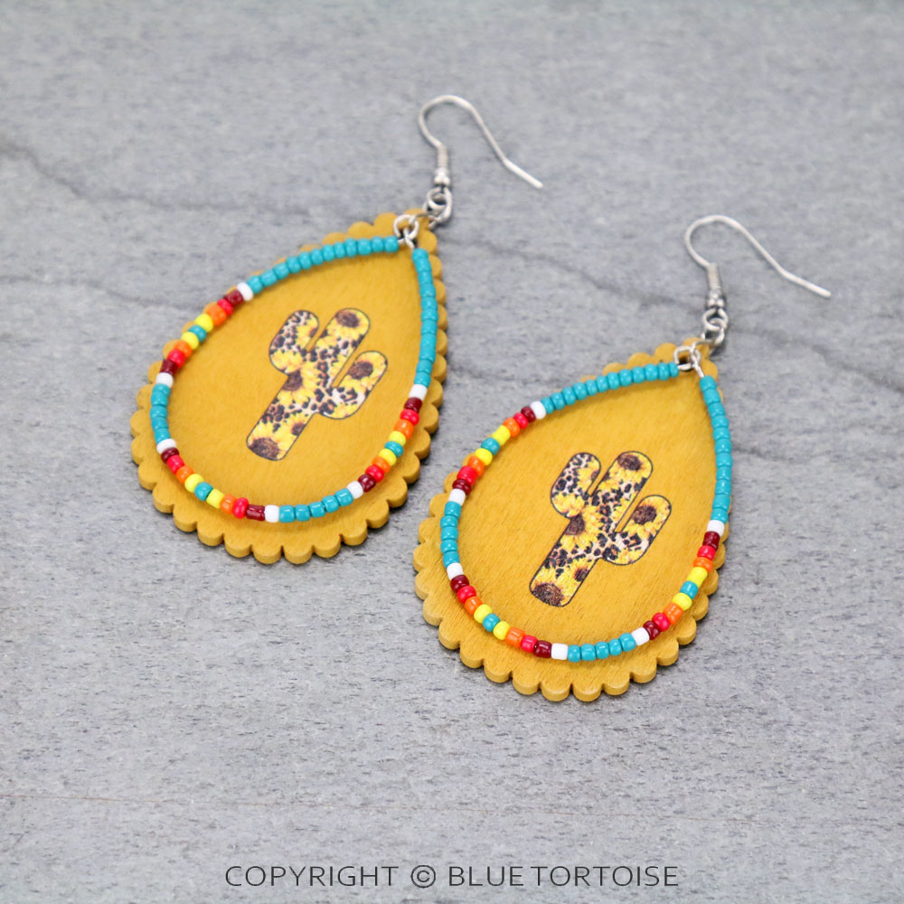 Western Wood & Seed Bead Cactus Teardrop Dangle Earrings