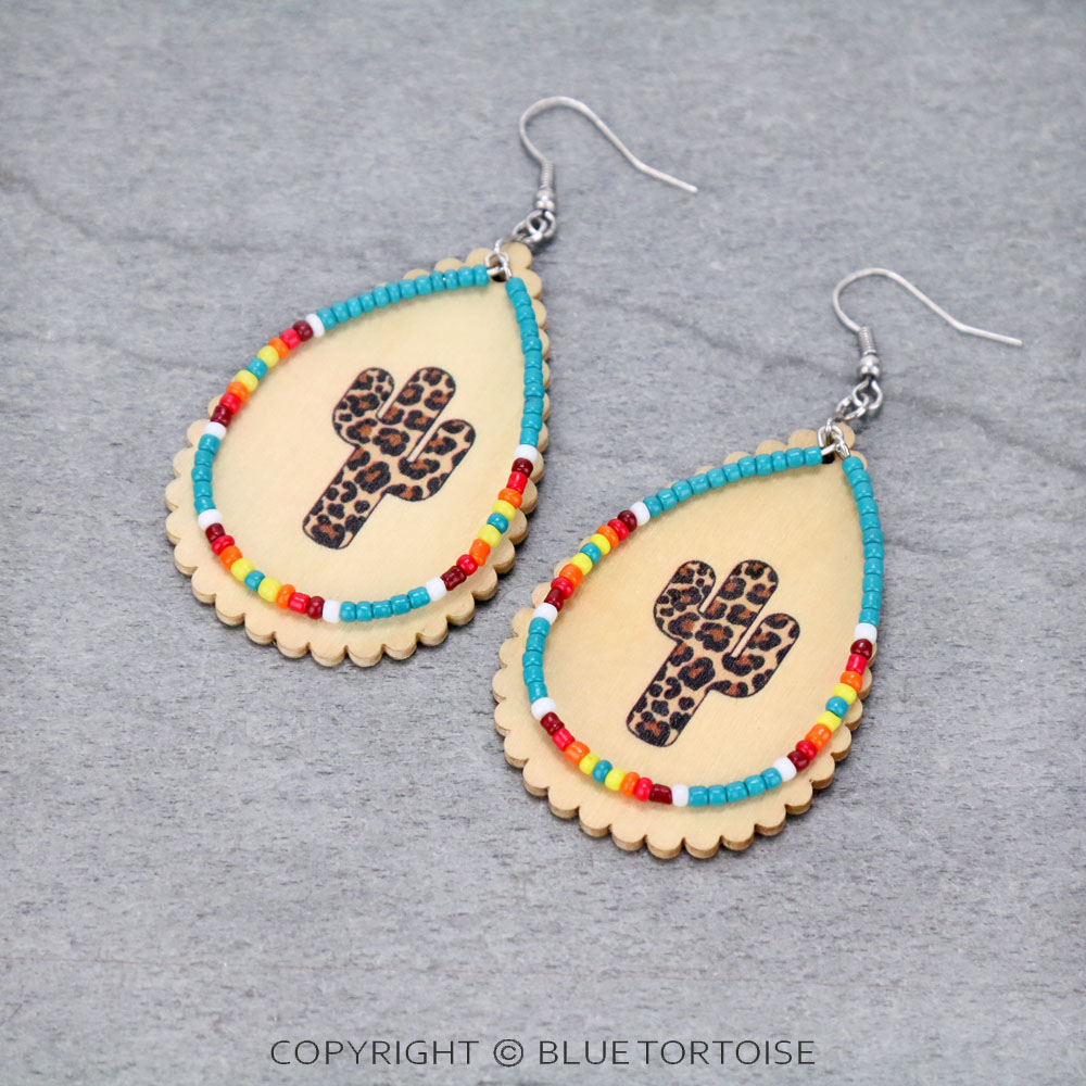 Western Wood & Seed Bead Cactus Teardrop Dangle Earrings