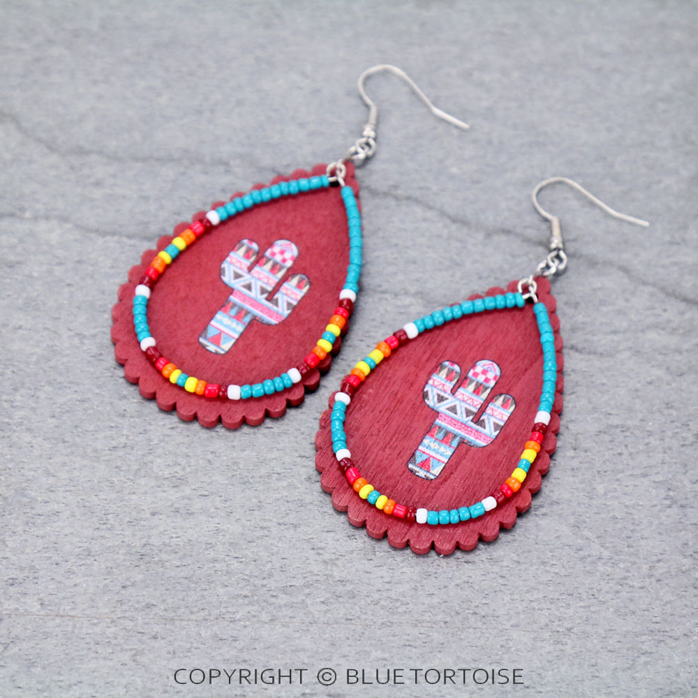 Western Wood & Seed Bead Cactus Teardrop Dangle Earrings