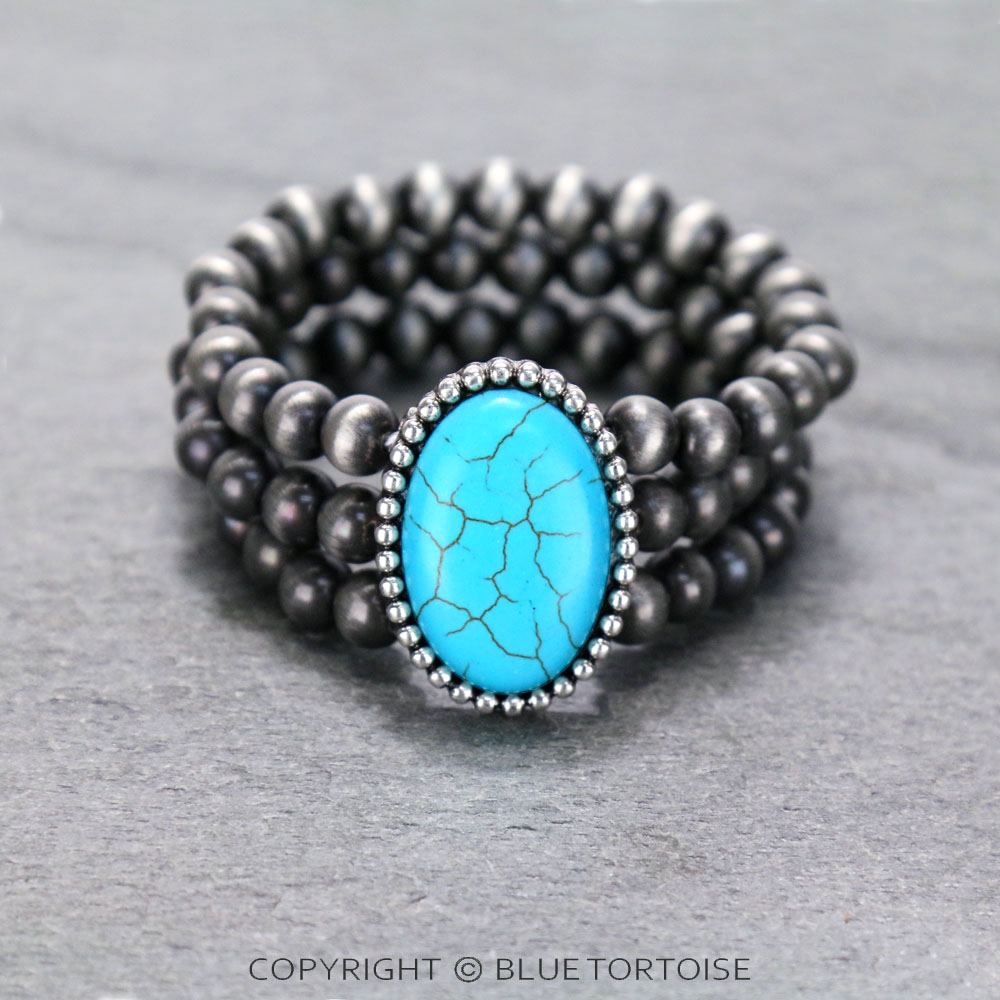 3-Strand Navajo Style Pearl with Oval Stone Stretch Bracelet