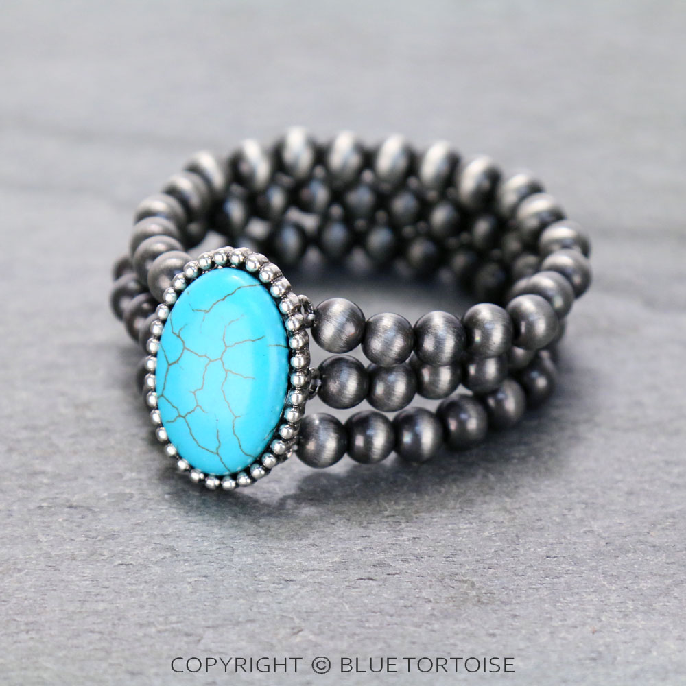3-Strand Navajo Style Pearl with Oval Stone Stretch Bracelet - Image 2
