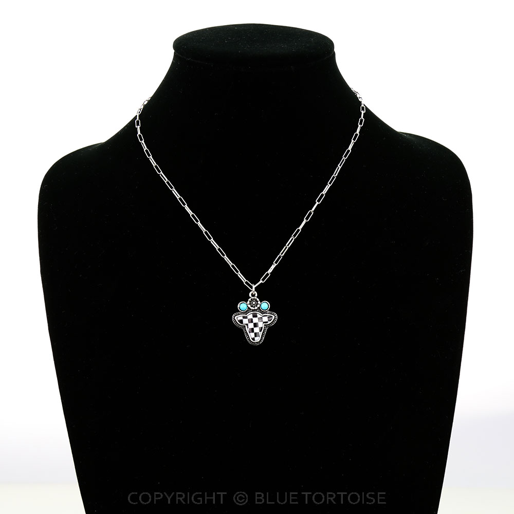 Western Checker Cow Head Necklace - Image 2