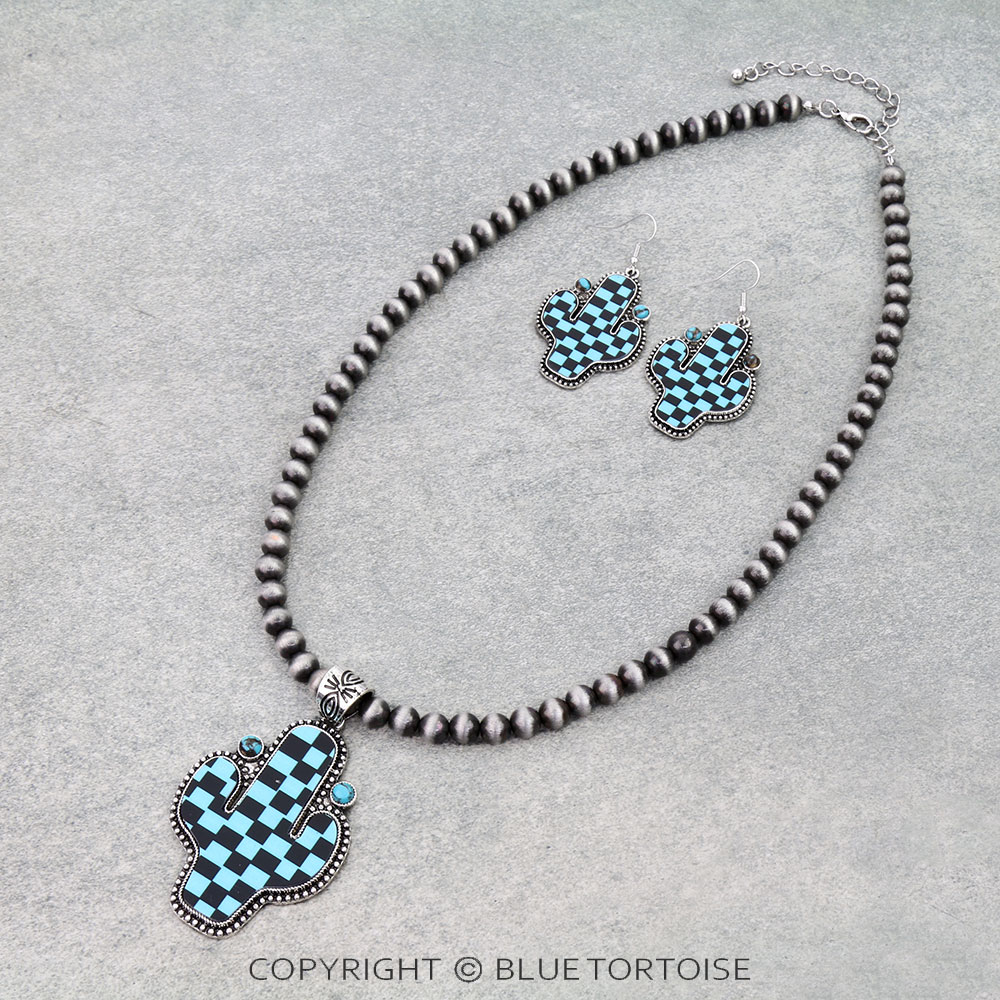 Checker Cactus Pendant Necklace Set