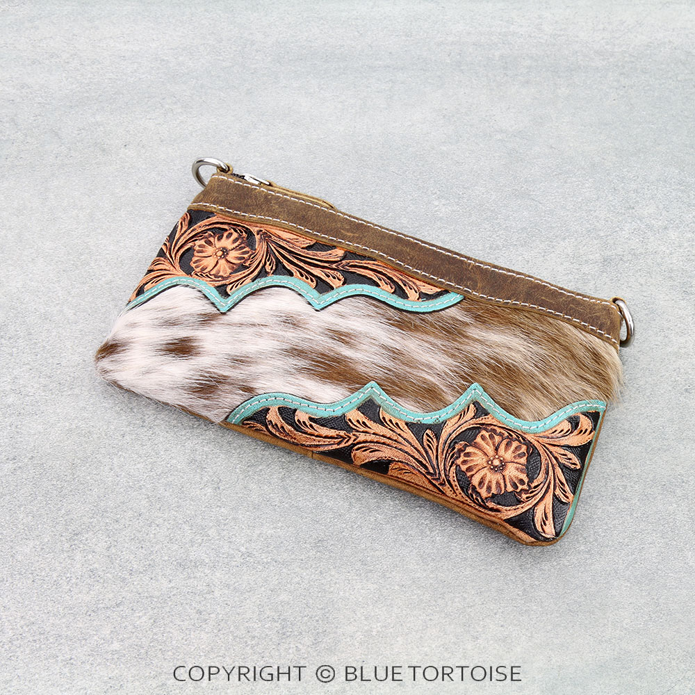 Western Genuine Cowhide Leather Clutch - Floral Pattern
