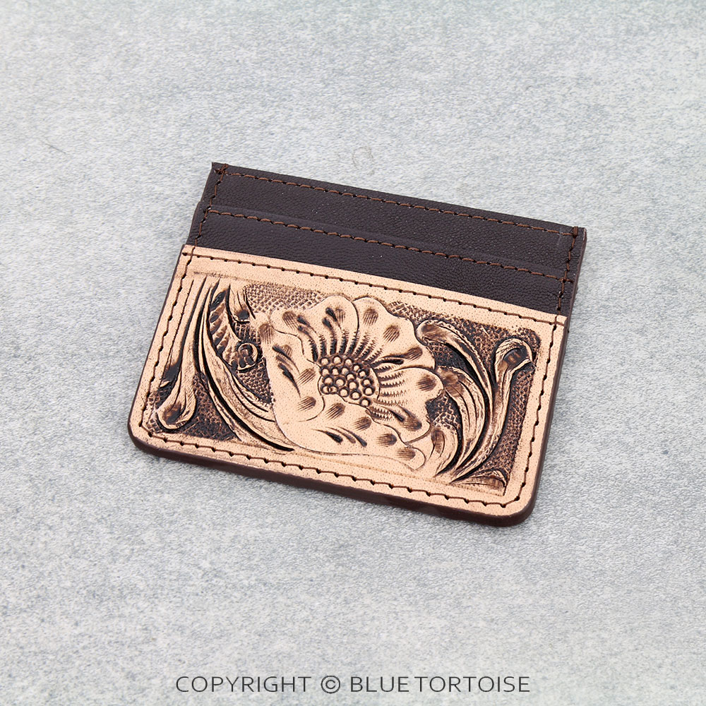 Western Genuine Tooled Leather Card Holder - Floral Pattern