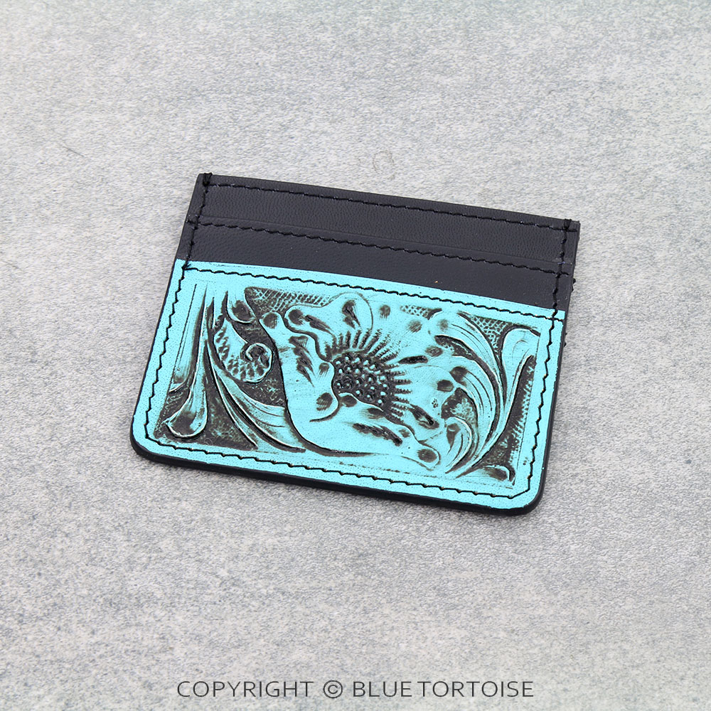 Western Genuine Tooled Leather Card Holder - Floral Pattern