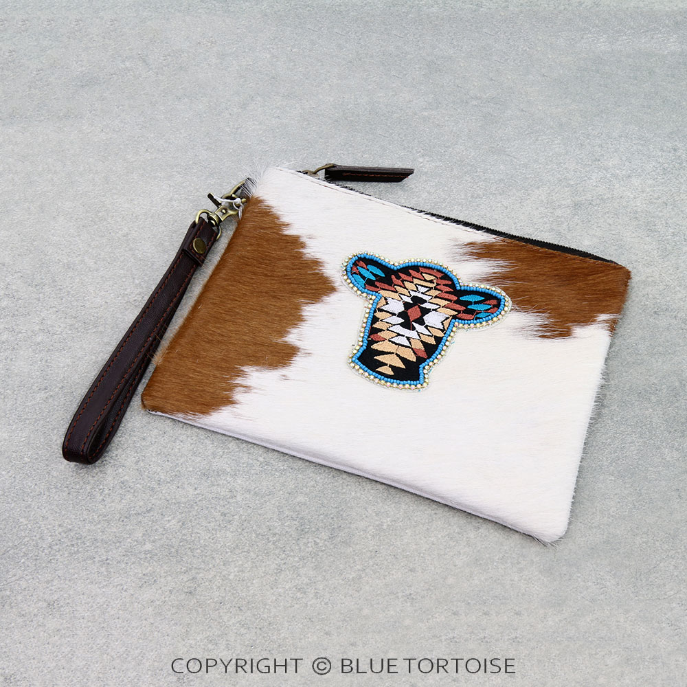 Western Genuine Cowhide Seed Bead Patch Clutch - Cow Head
