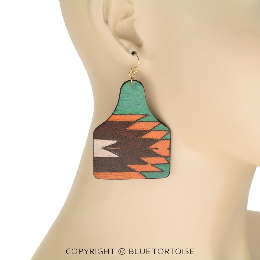Aztec Printed Cattle Tag Leather Dangle Earrings - Image 2