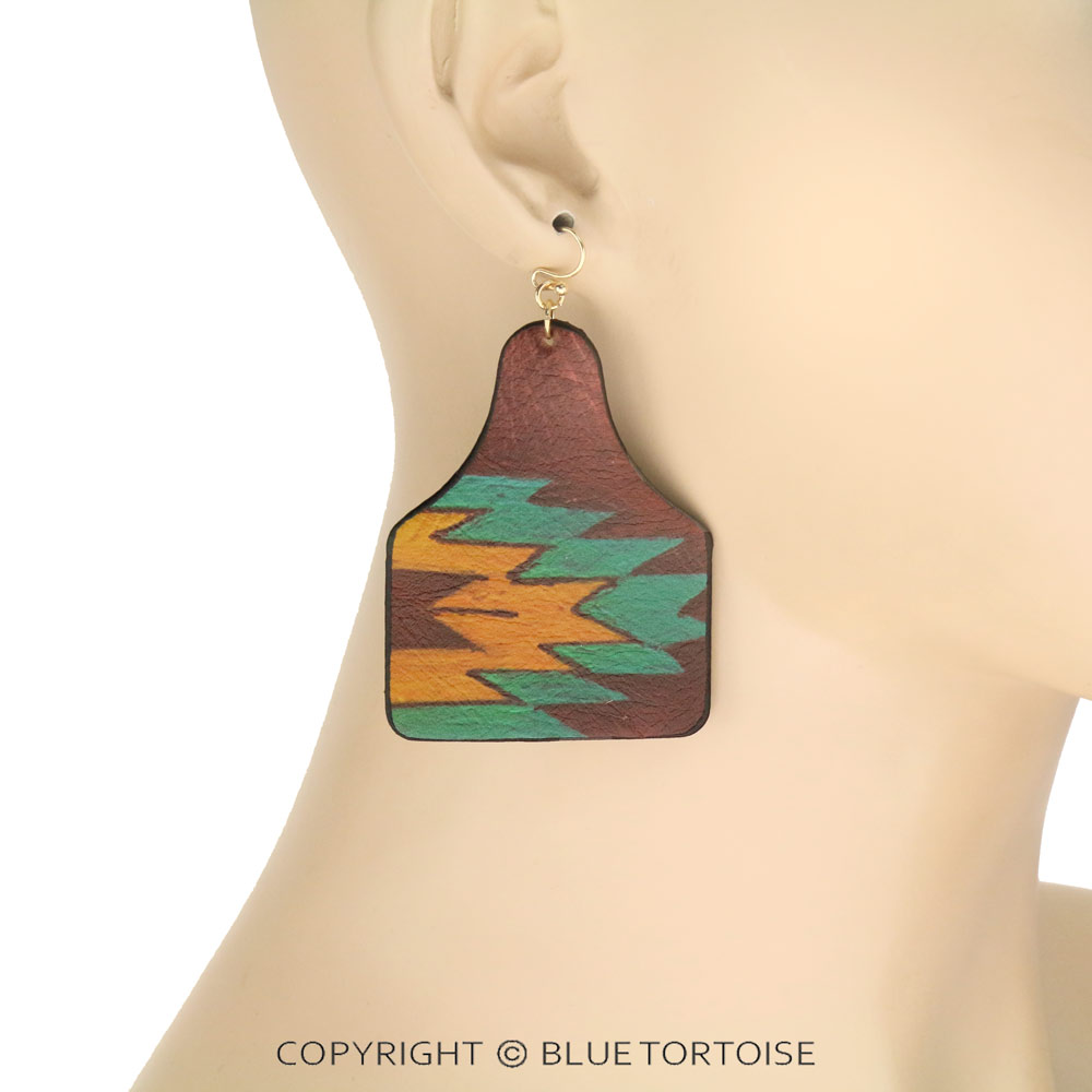Aztec Printed Cattle Tag Leather Dangle Earrings - Image 2