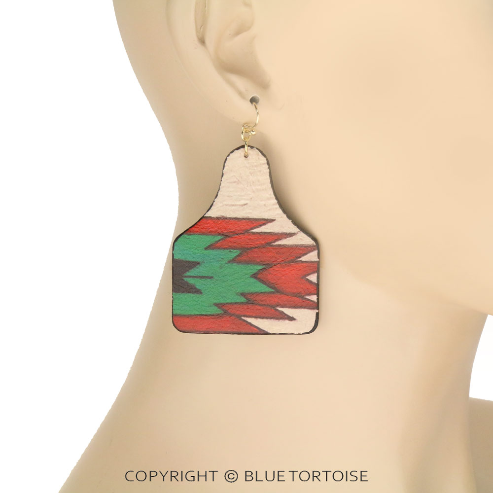Aztec Printed Cattle Tag Leather Dangle Earrings - Image 2
