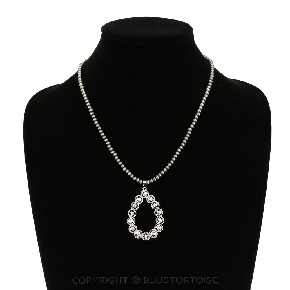 16" Long, Tiny 4mm Navajo Style Pearl Concho Pendant Necklace - Image 2
