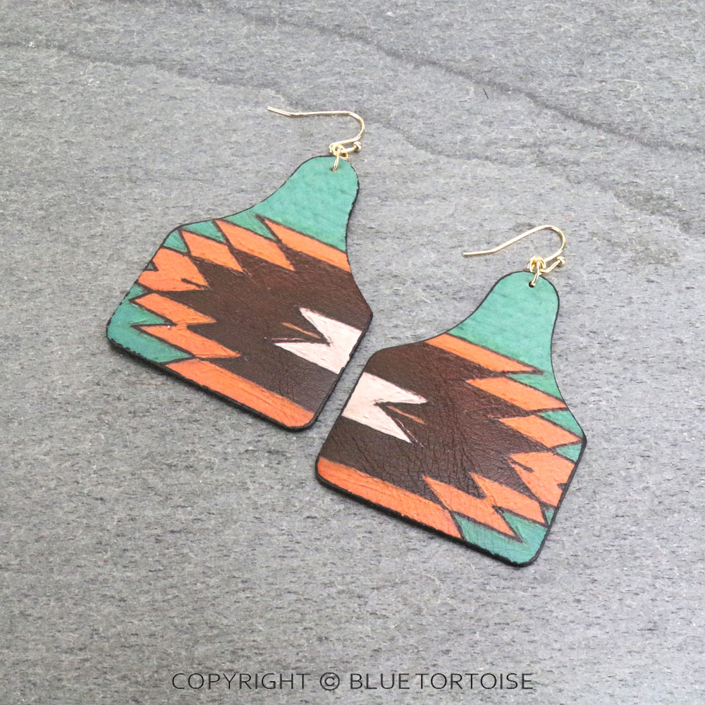Aztec Printed Cattle Tag Leather Dangle Earrings