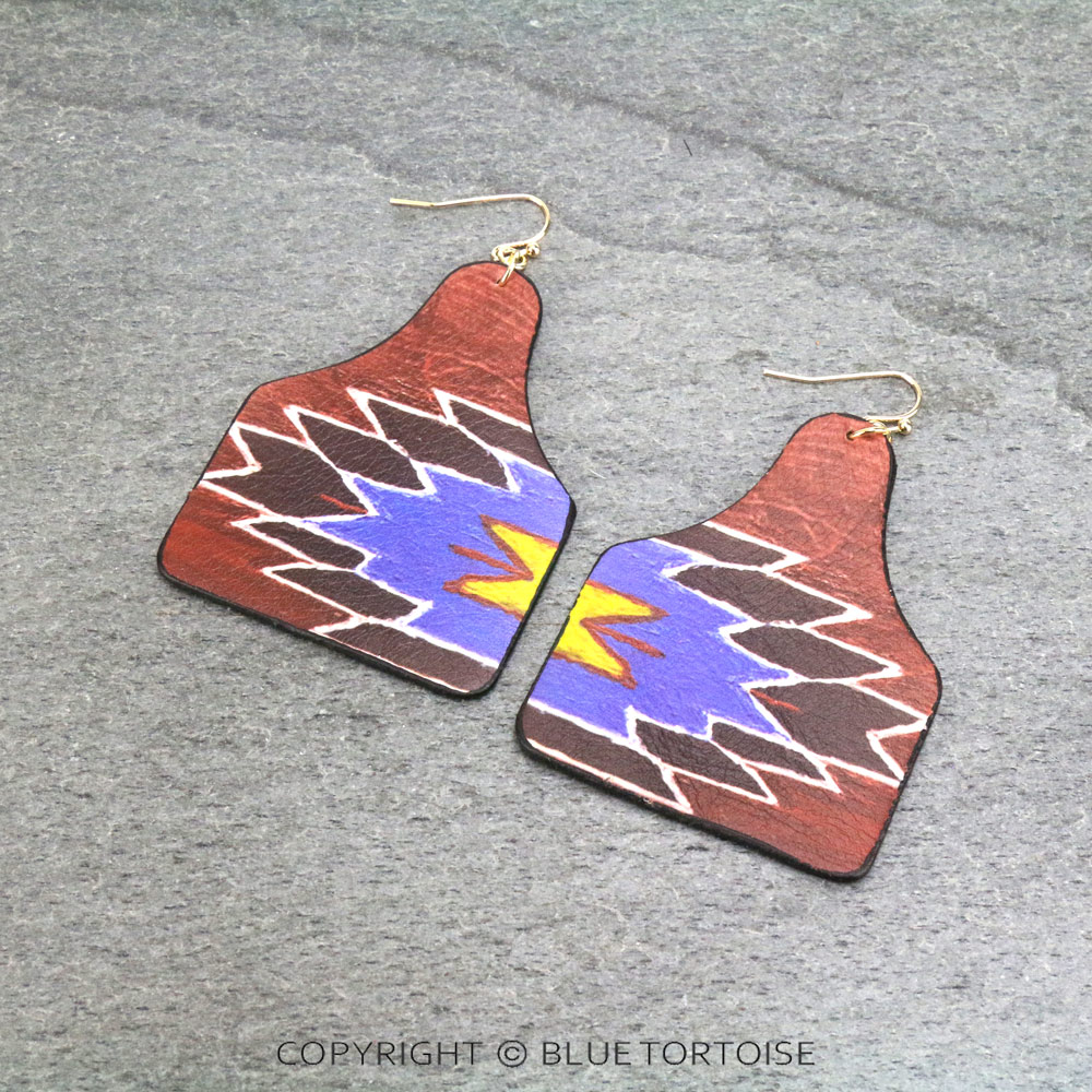 Aztec Printed Cattle Tag Leather Dangle Earrings