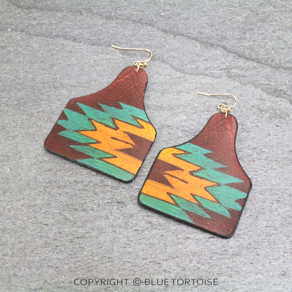 Aztec Printed Cattle Tag Leather Dangle Earrings