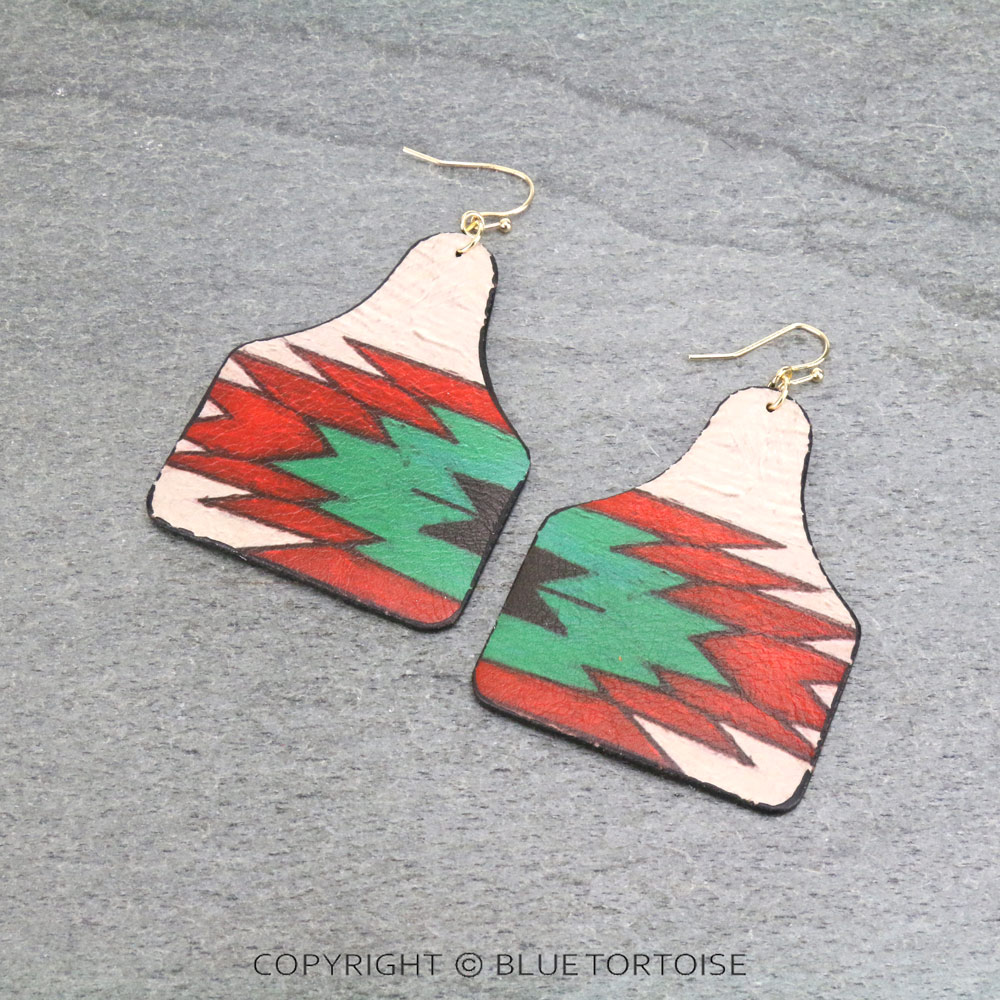 Aztec Printed Cattle Tag Leather Dangle Earrings