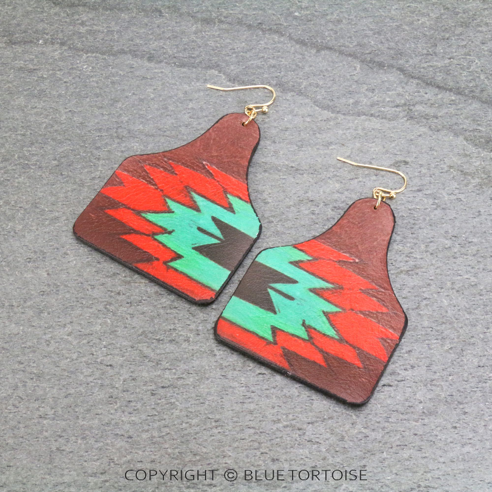 Aztec Printed Cattle Tag Leather Dangle Earrings