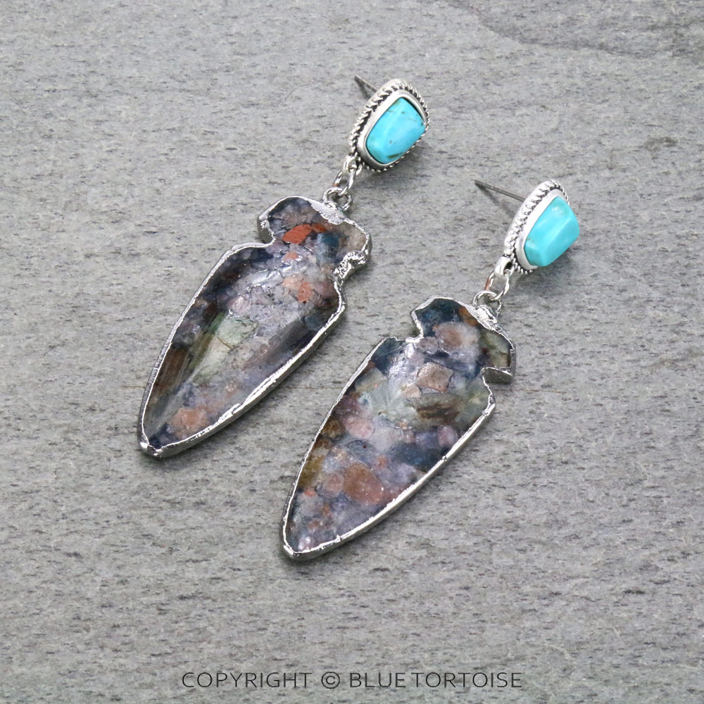 2.5" Long, Bezel Setting Arrowhead Natural Gemstone, Natural Stone Post Earrings