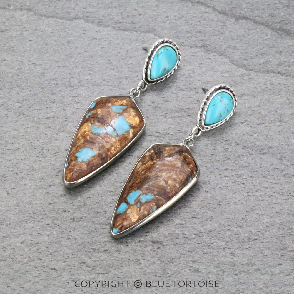 2.8" Long, Bezel Setting Arrowhead Natural Gemstone, Natural Stone Post Earrings