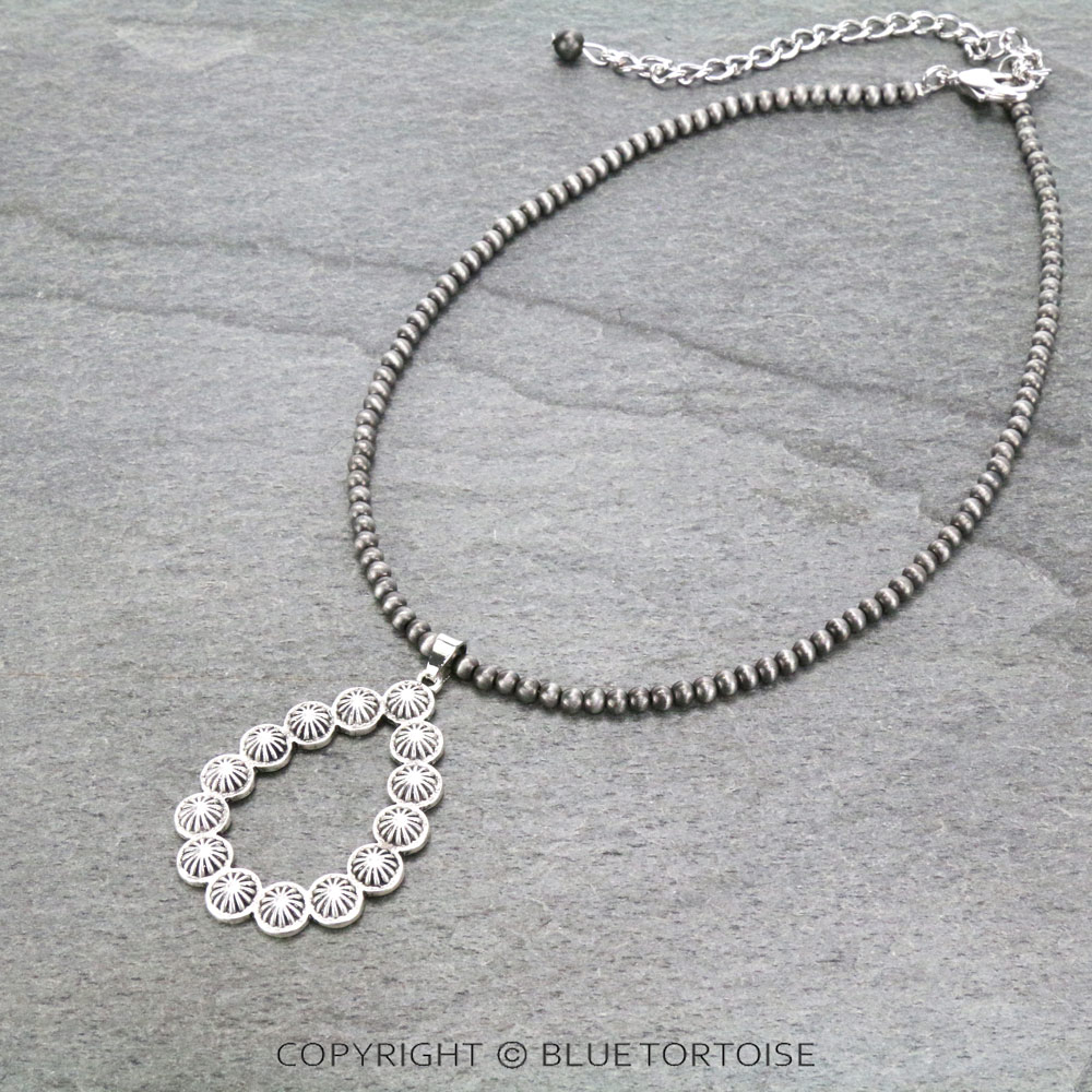 16" Long, Tiny 4mm Navajo Style Pearl Concho Pendant Necklace