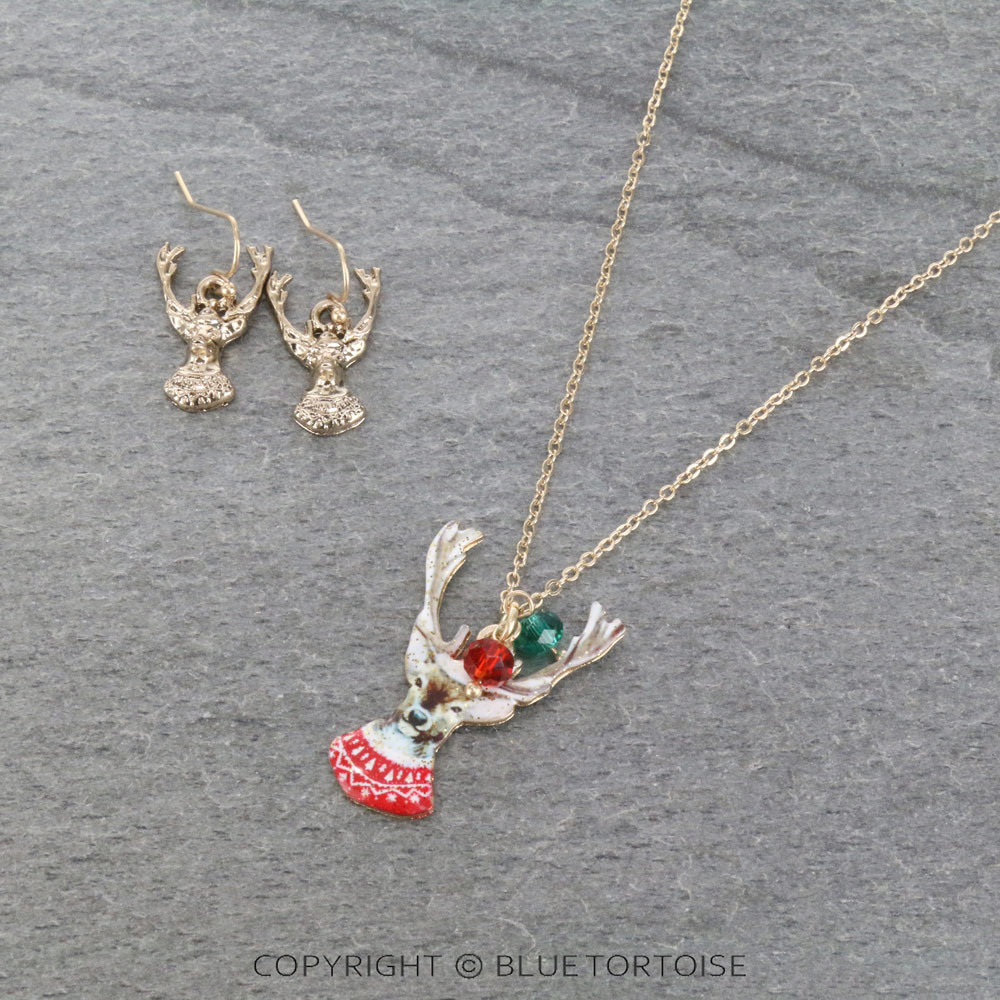 Christmas Reindeer Print Necklace Set