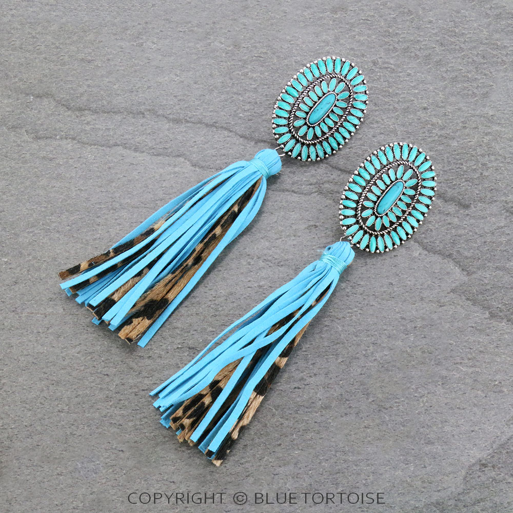 Epoxy Concho Stone with Leather Tassel Stud Earrings