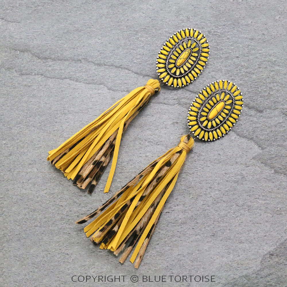 Epoxy Concho Stone with Leather Tassel Stud Earrings