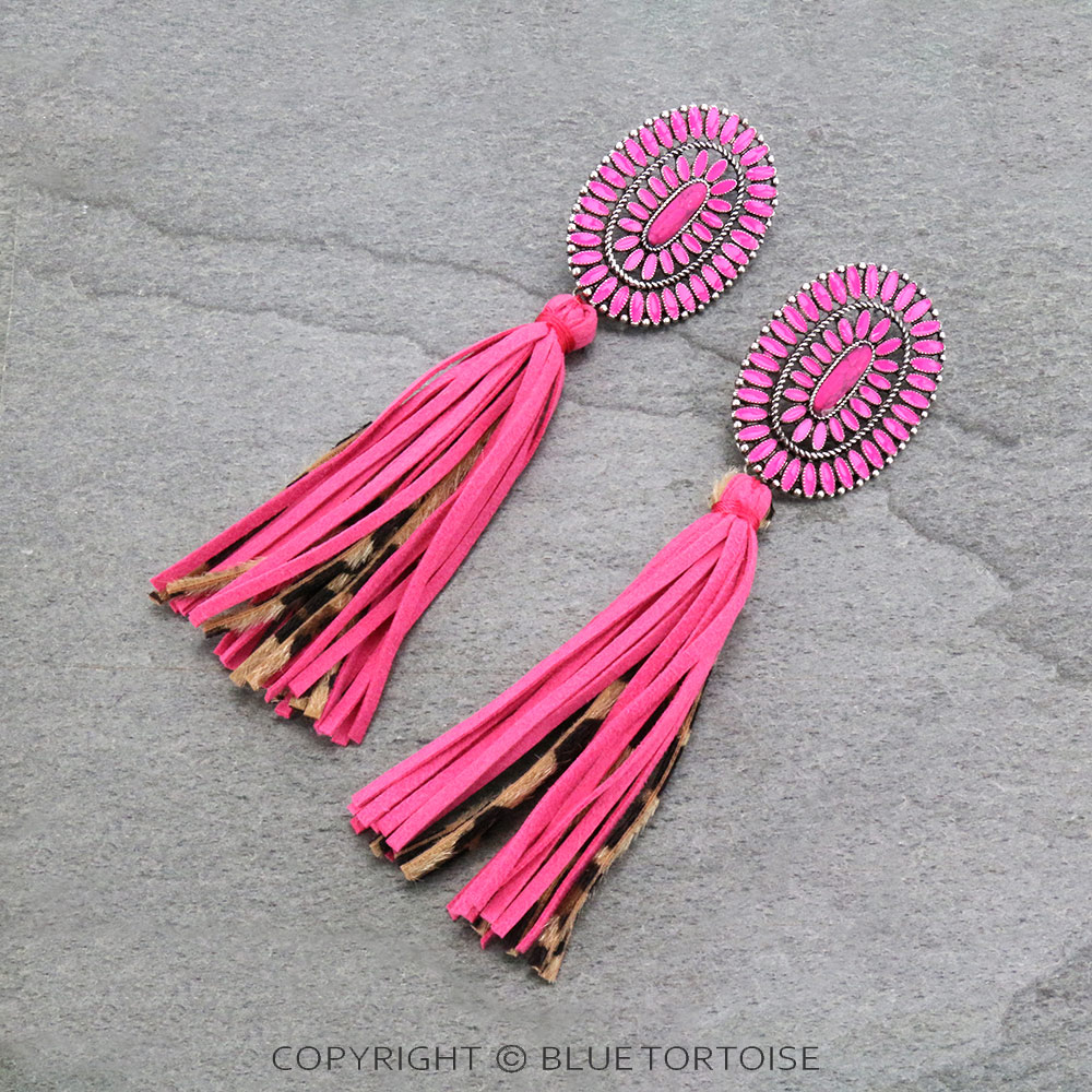Epoxy Concho Stone with Leather Tassel Stud Earrings