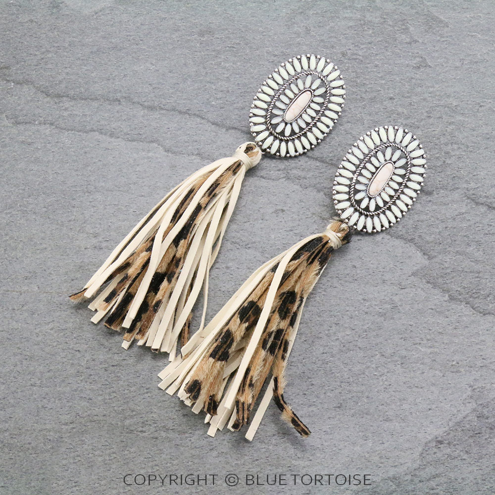 Epoxy Concho Stone with Leather Tassel Stud Earrings