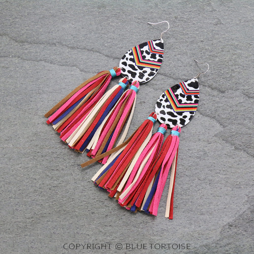 Cow Print Teardrop with Leather Tassel Dangle Earrings