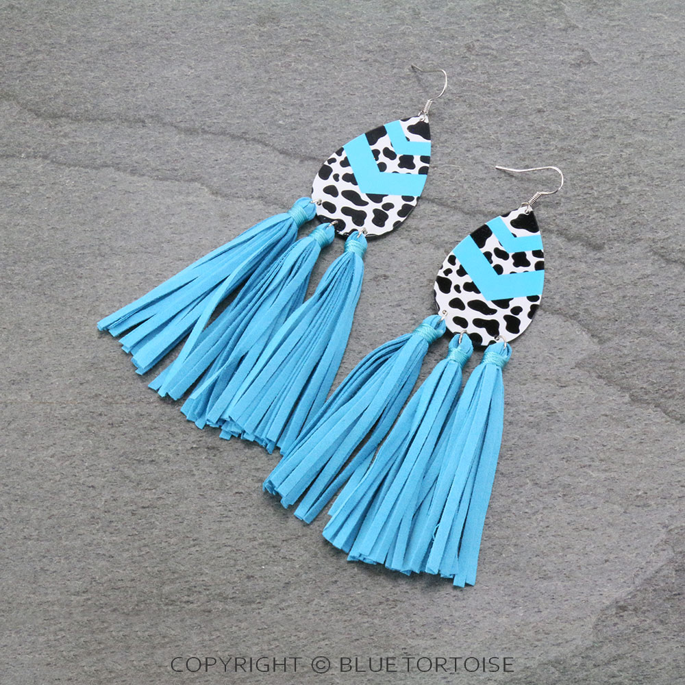 Cow Print Teardrop with Leather Tassel Dangle Earrings