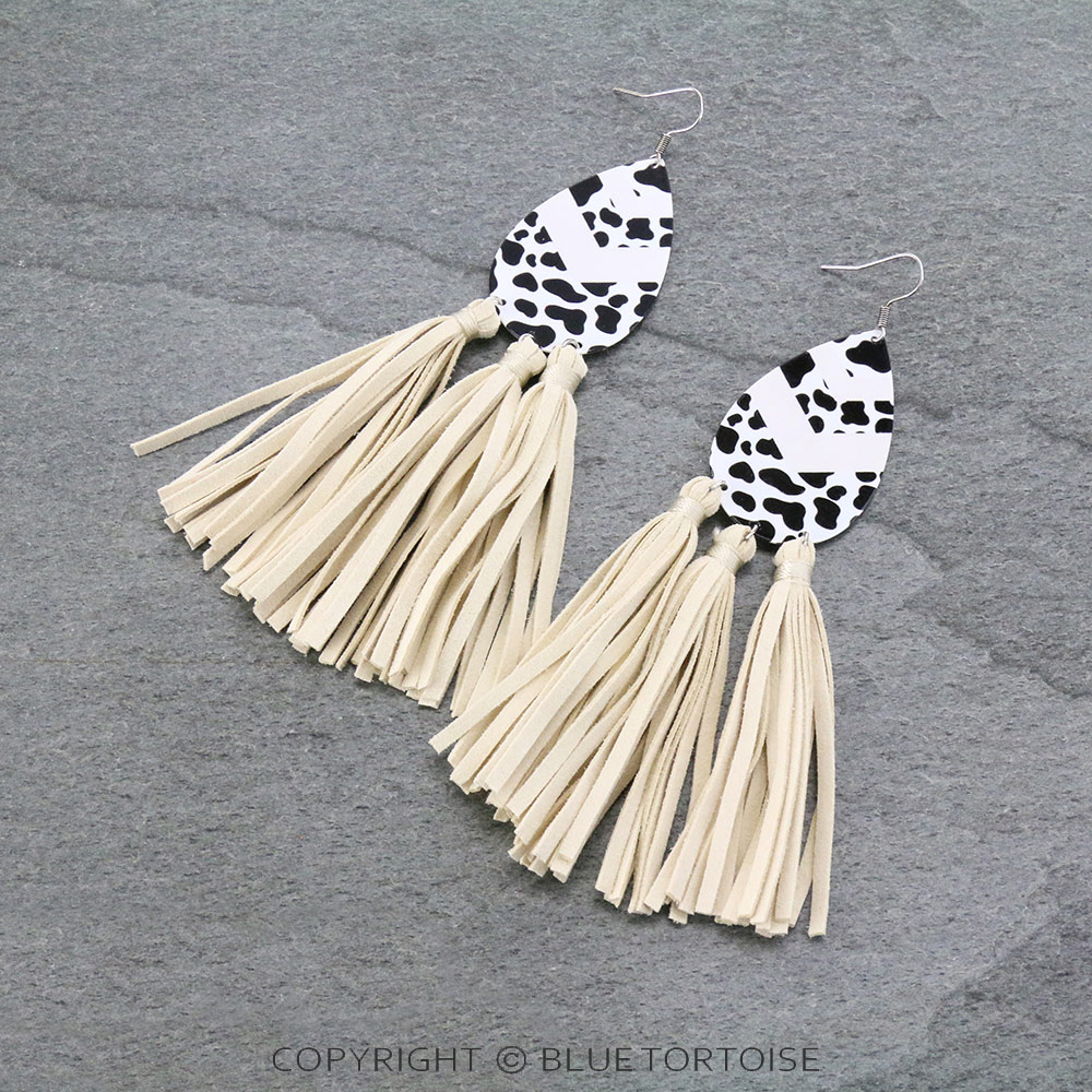 Cow Print Teardrop with Leather Tassel Dangle Earrings