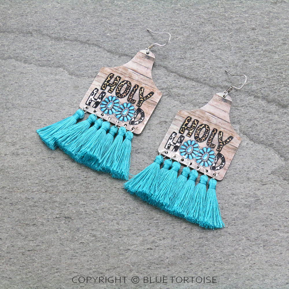 Concho Print Cattle Tag with Tassel Dangle Earrings