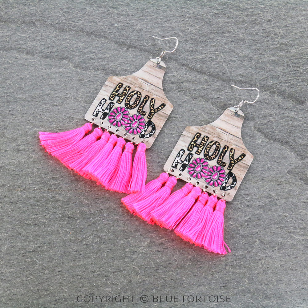 Concho Print Ear Tag with Tassel Dangle Earrings
