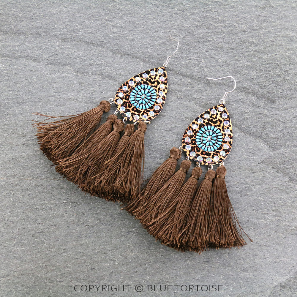 Concho Print Teardrop with Tassel Dangle Earrings