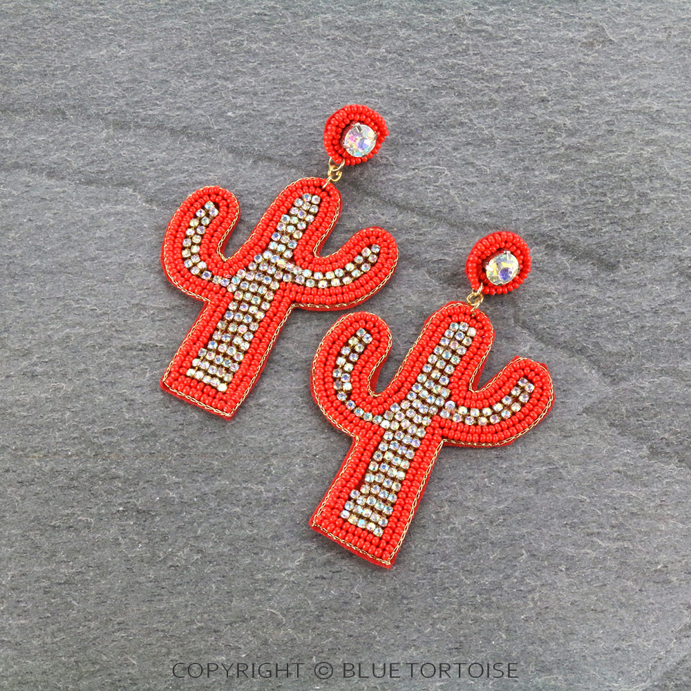 Seed Beaded Cactus with AB Stone Stud Earrings