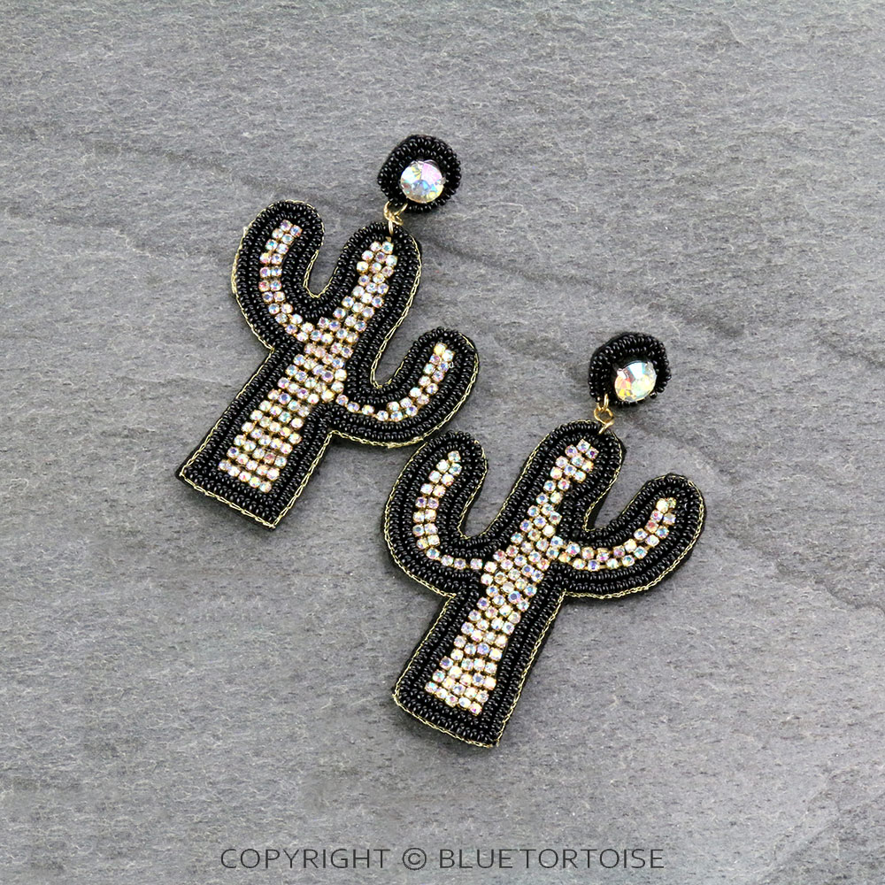 Seed Beaded Cactus with AB Stone Stud Earrings