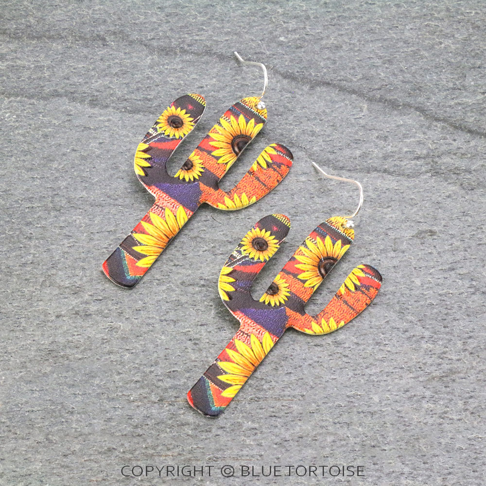 Sunflower Print Cactus Dangle Earrings