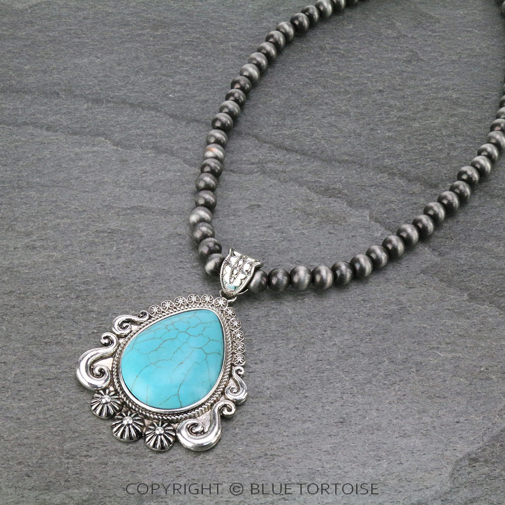 Western Navajo Style Pearl with Teardrop Stone Pendant Necklace