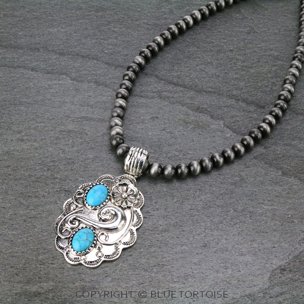 Western Navajo Style Pearl with Concho Stone Pendant Necklace