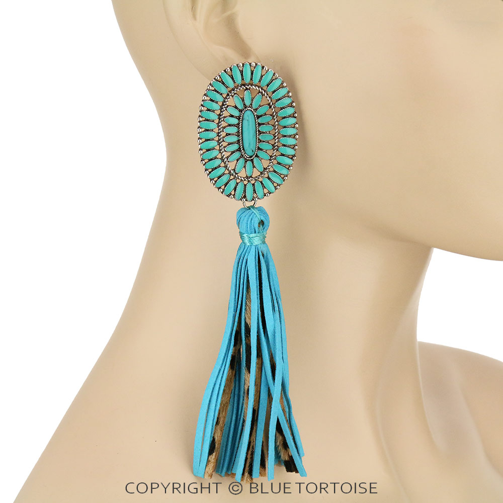 Epoxy Concho Stone with Leather Tassel Stud Earrings - Image 2