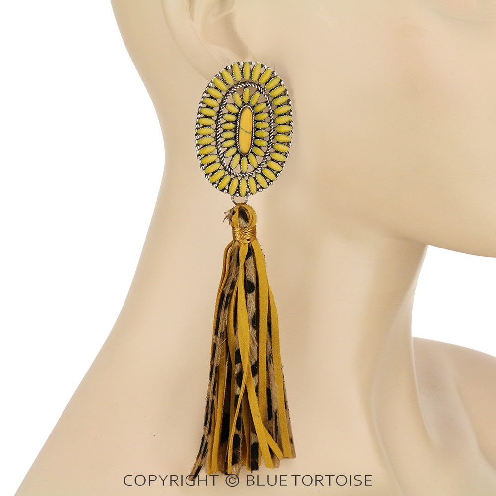 Epoxy Concho Stone with Leather Tassel Stud Earrings - Image 2