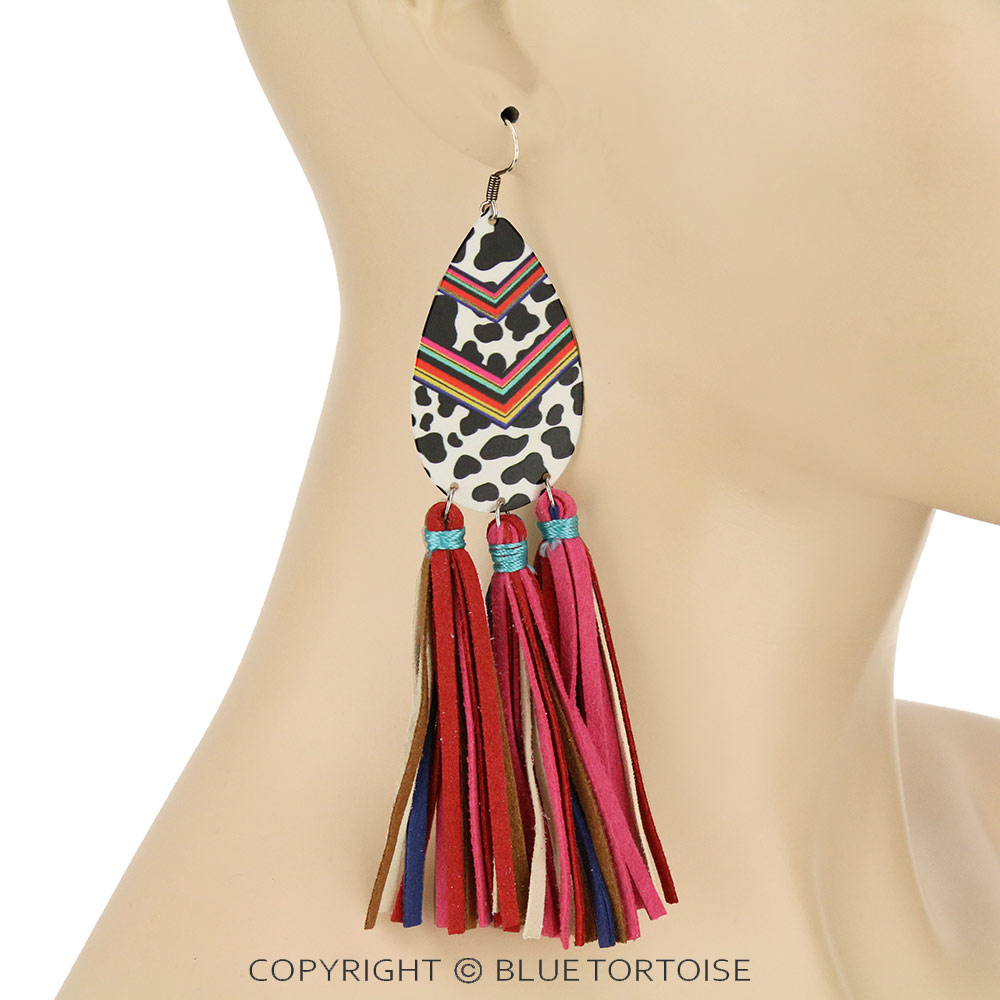 Cow Print Teardrop with Leather Tassel Dangle Earrings - Image 2