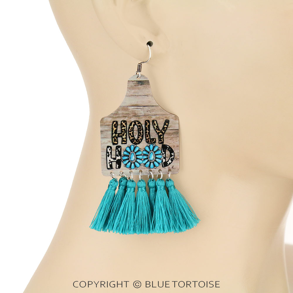 Concho Print Cattle Tag with Tassel Dangle Earrings - Image 2