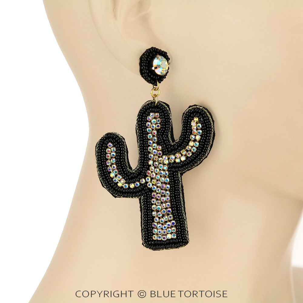 Seed Beaded Cactus with AB Stone Stud Earrings - Image 2
